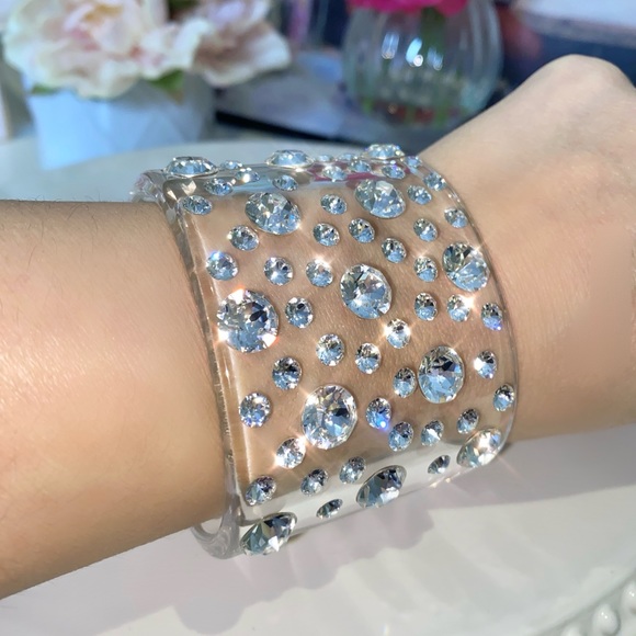 Clear Acrylic Swarovski Crystal Embellished Wide Chunky Cuff Bracelet for Women - Picture 8 of 17